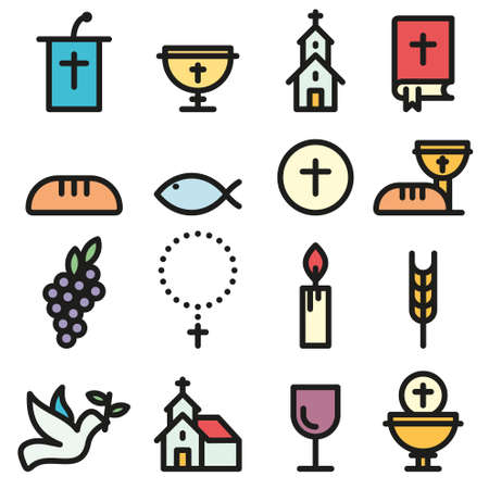 Church and Christian community flat outline icons, communion vector set.のイラスト素材