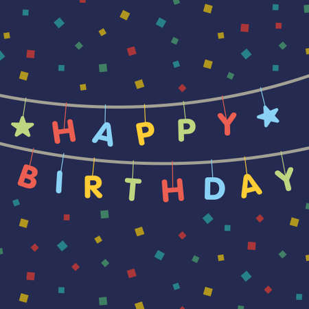Garland that says happy birthday with multi-colored confetti. Vector illustrationのイラスト素材