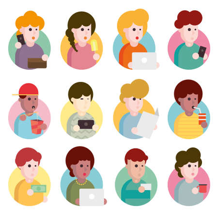 Collection of flat design illustrations. Set of portraits of avatars of cute men and women of different age isolated on a white backgroundのイラスト素材