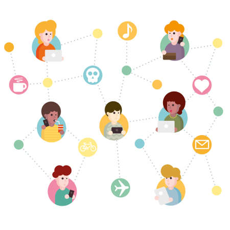 Vector illustration of an abstract social network scheme, which contains people icons connected to each other.のイラスト素材