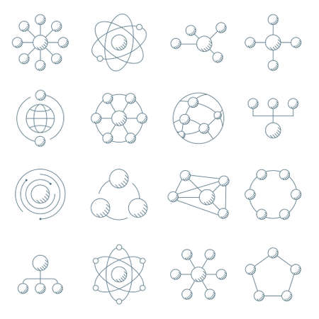 Molecule model line set. Structure of molecules in chemistry, science, educational, network, social media. Molecule icon outline art illustration isolated on white background.のイラスト素材
