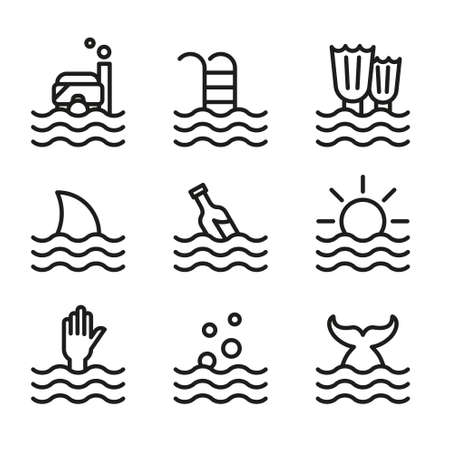 Collection of waves icons. Symbols of diver, pool, sea, fish, summer, swimming.のイラスト素材