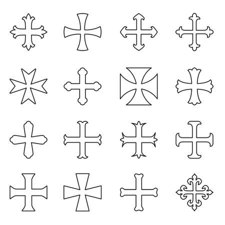 Christian crosses icons set outline. Different forms. Isolated on a white background. Vector illustration.のイラスト素材