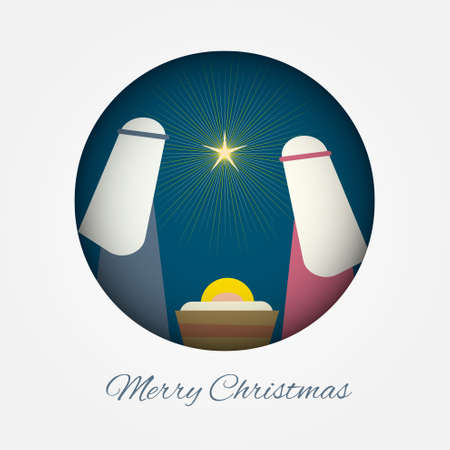 Merry Christmas banner with Nightly christmas scenery mary and joseph with baby Jesus vector designのイラスト素材