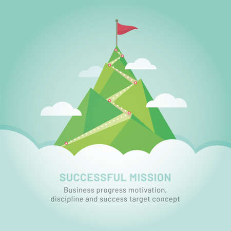 Flag on the mountain peak. Way to successful Business. Vector illustrationのイラスト素材