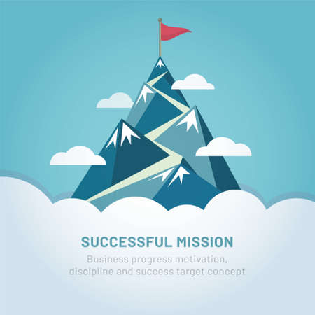 Flag on the mountain peak. Way to successful Business. Vector illustrationのイラスト素材