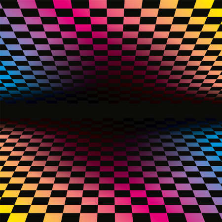 Colored grids background pattern. Rainbow colored tunnel ending in dark infinity. Geometric vector illustrationのイラスト素材
