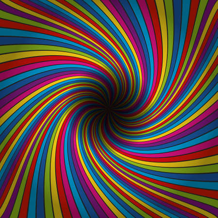 Multicolored lines. Rainbow colored tunnel ending in dark infinity. Colorful lines spiral background...