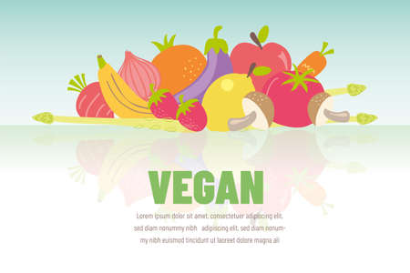 Colorful vegan banner with flat vegetable icons. Vector illustrationのイラスト素材