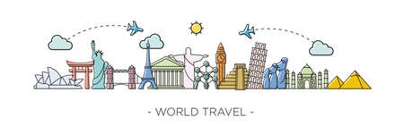 World travel, landmarks silhouettes icons set. Travel around the world. buildings and landmarks on plane. Vector illustration in flat style modern design. isolated on whiteのイラスト素材