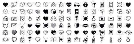 96 hearts line icon set. Simple pictogram pack. Stroke vector drawing on a white background. Modern collection of outline style icons.のイラスト素材