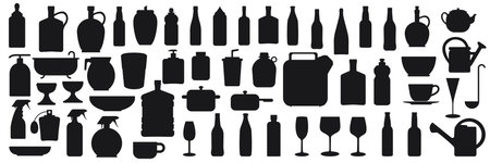 Set of silhouettes of liquid containers. Icons of bottles, glasses...のイラスト素材