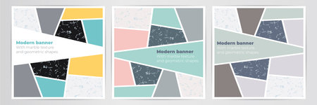 Modern vector cover A4 set with marble texture and geometric shapes.のイラスト素材