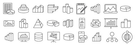 Analysis, Statistics line icons. Chart, Report and Service signs. Data and Presentation symbols.のイラスト素材