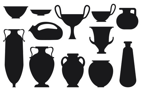 Ceramic objects from the classical period. Rome, Egypt and Greece style. Vector silhouettes.のイラスト素材