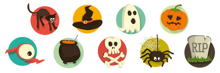 Badges for Halloween party. Vector stickers with horror motifsのイラスト素材