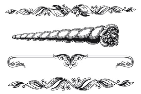 Elements baroque engraved floral scroll retro pattern. Victorian frame border ornament. Filigree vintage calligraphic elements for design. Vector image.のイラスト素材