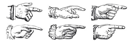 Set of engravings of pointing fingers. Hands pointing symbols.のイラスト素材