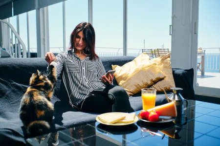 An executive woman taking breakfastの写真素材