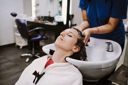 beauty and people concept - happy young woman with hairdresser washing head at hair salonの写真素材