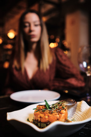 Close-up of gourmet meal plate.の写真素材