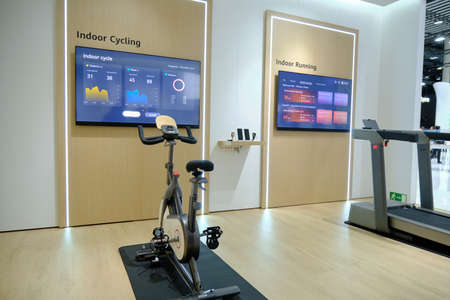 Barcelona, Spain - March 2nd 2022 - Mobile World Congress - Intlligent Indoor Cycling and Running at...
