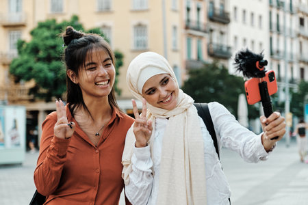 Multi-ethnic friends smiling and making peace sign with fingers while streaming with a mobile phone outdoors.の写真素材