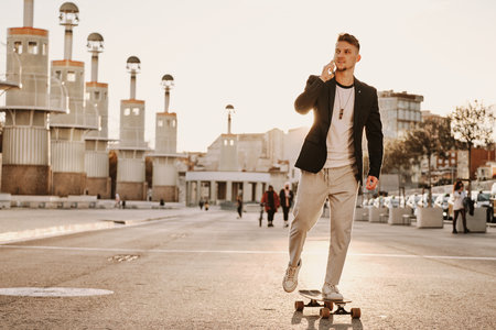 Stylish man skating while talking to the mobile