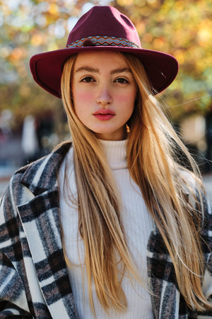 Blonde woman with a hat looking at camera