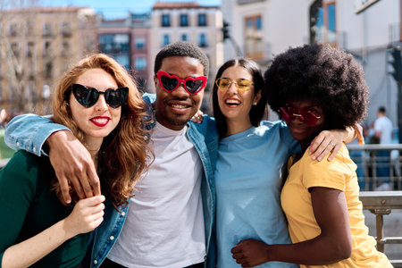 Multiethnic group of friends having fun with heart shape sunglassesの写真素材