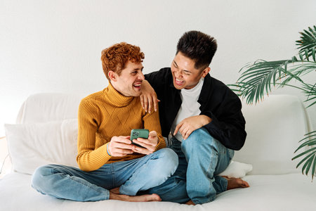 Happy gay couple sitting on the sofa using a mobileの写真素材
