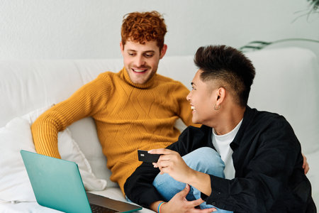 Gay couple shopping on line from home using a laptopの写真素材