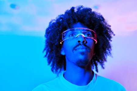 A man with future augmented reality glassesの写真素材