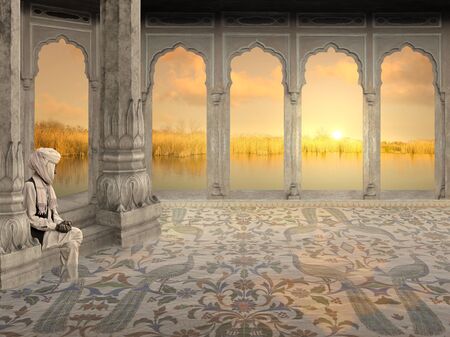 Old man near Ganges in the sunset.の写真素材