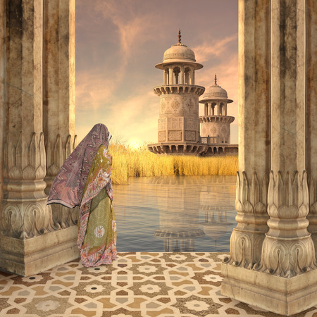 Indian towers on a lake in the north of India.の写真素材