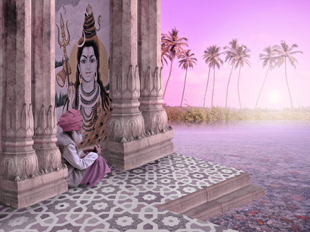 Old man meditating in a indian paradise during the sunrise.の写真素材