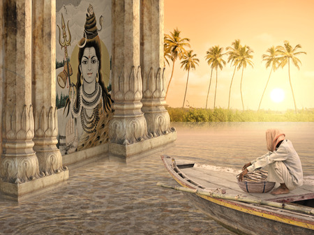 Indian fisherman during the sunset in the south of India.の写真素材