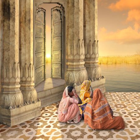 Golden door in a hindu palace in the sunset.の写真素材