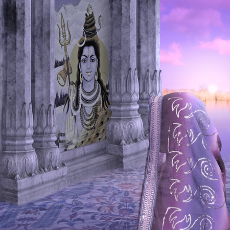 Woman looking at a monument in the sunrise.の写真素材