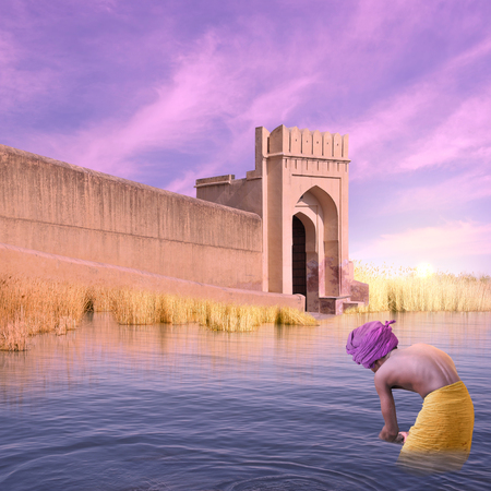 Indian fort on the Ganges river in the sunset.の写真素材