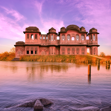 Indian palace on an island in the sunset.の写真素材