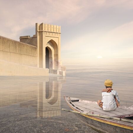 Fisherman near indian fortification in the sunrise.の写真素材