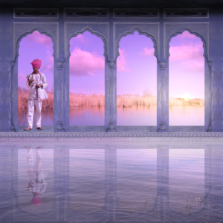 Indian man with a traditional musical instrument.の写真素材