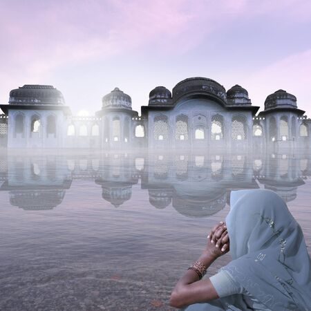 Indian architecture in the mist during the morning.の写真素材