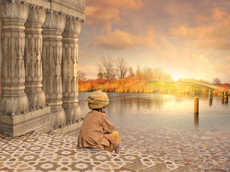 Traditional indian temple on the Ganges in the sunset.の写真素材