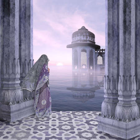Indian woman meditating in the mist in the morning.の写真素材