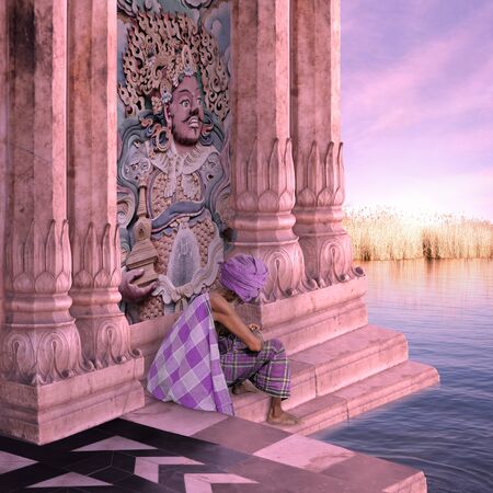 Indian senior in a temple near Ganges river.の写真素材