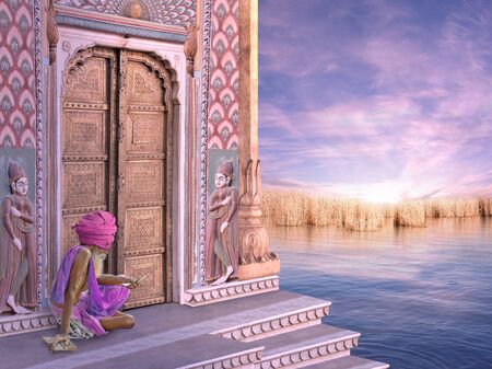 Senior near a traditional indian door in the sunrise.の写真素材