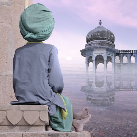 Sadhu near indian coast in the mist.の写真素材