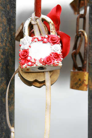 White wedlock with rose and ribbon closeupの写真素材